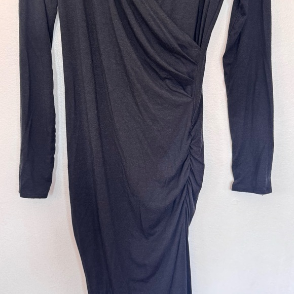 Michael Stars Ruched Wrap Long Sleeve Soft Stretchy Knit Black Midi Dress Sz L - Picture 4 of 9